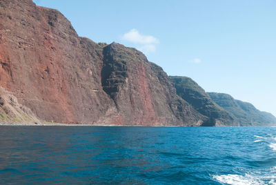 Rock formations by sea against blue sky