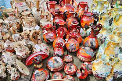 High angle view of decoration equipment for sale at market stall