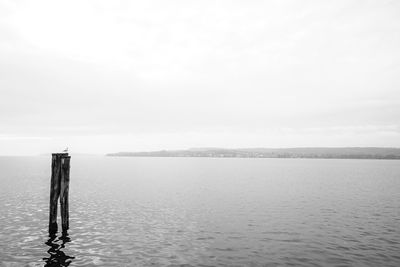 Wooden posts in lake against sky