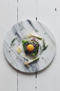 High angle view of food in plate on table