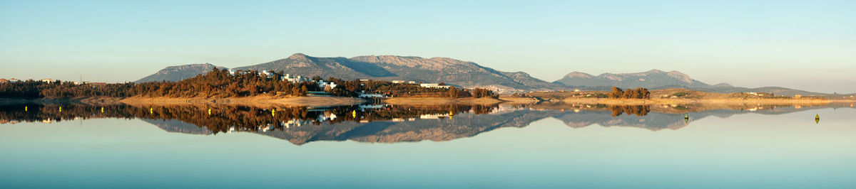 Panoramic view of lake and mountains against clear blue sky