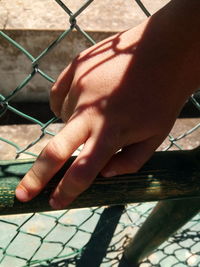 Close-up of hand holding chainlink fence