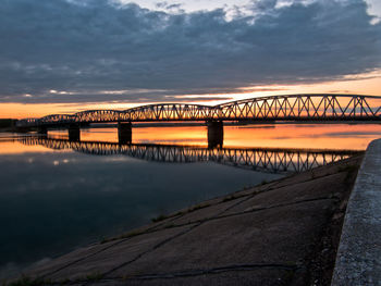 Silhouette of bridge over river against cloudy sky