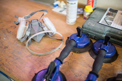 High angle view of bicycles on table