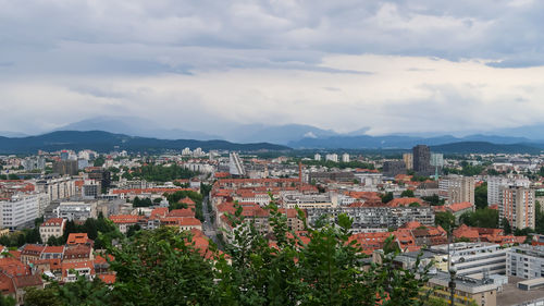 High angle shot of townscape against sky