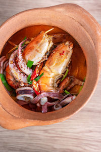 High angle view of meal served on table