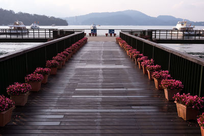 Wooden bridge over lake against sky