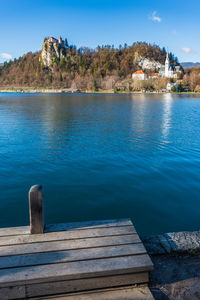 Pier over lake against blue sky