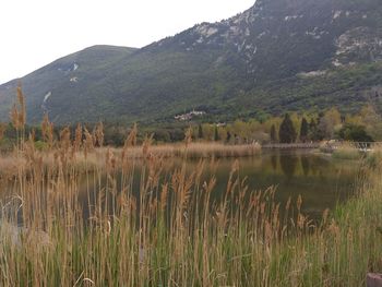 Scenic view of lake by mountains against sky