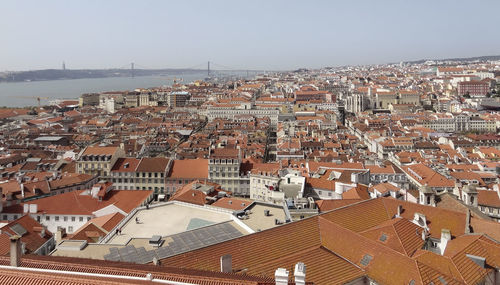 High angle view of townscape against clear sky