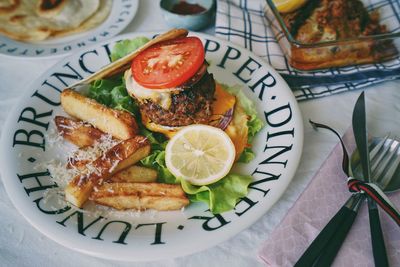 High angle view of food in plate on table