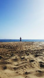 Rear view of man on beach against clear sky