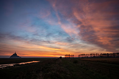 Scenic view of field against sky during sunset