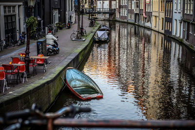 Boats moored in canal