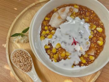 High angle view of food in bowl on table