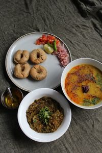 High angle view of meal served on table