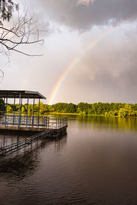 Scenic view of rainbow over river against sky
