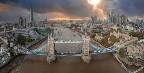 Aerial view of the tower bridge, central london, from the south bank of the thames.