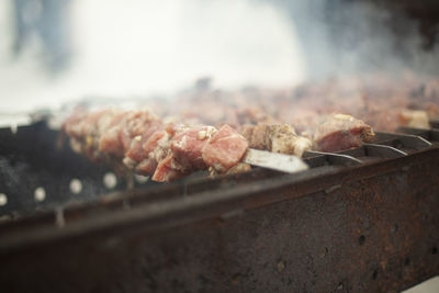 Frying meat on fire. meat strung on blade. outdoor kitchen. fatty food.