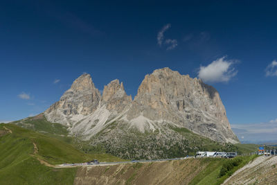 Panoramic view of mountain range against blue sky