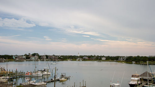 High angle view of sailboats in harbor