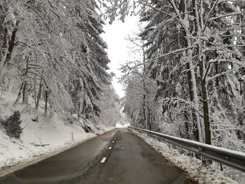 Road amidst trees against sky during winter