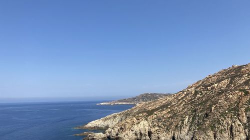 Scenic view of sea against clear blue sky