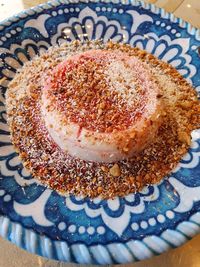 High angle view of cake in plate on table