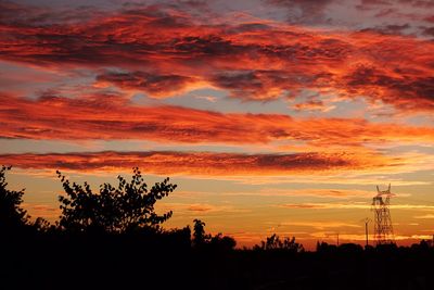 Silhouette trees against dramatic sky during sunset