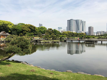 Scenic view of lake by buildings against sky