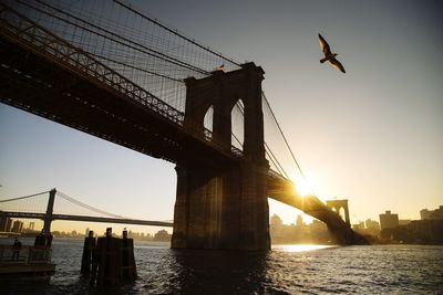 Silhouette of suspension bridge over river