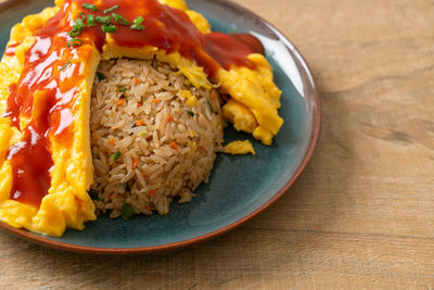 High angle view of food in plate on table