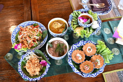 High angle view of various food on table