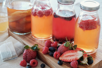 Close-up of fruits in glass on table