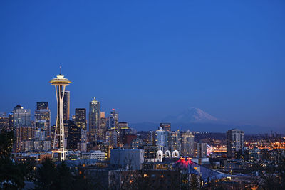 View of city lit up at night