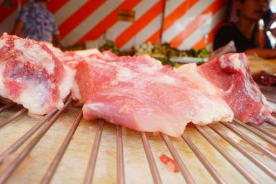 High angle view of meat on barbecue grill