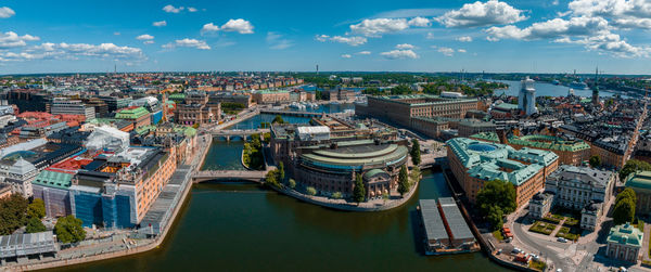 Aerial panoramic view of the old town, gamla stan, in stockholm.