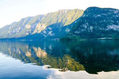 Scenic view of lake by mountains against sky