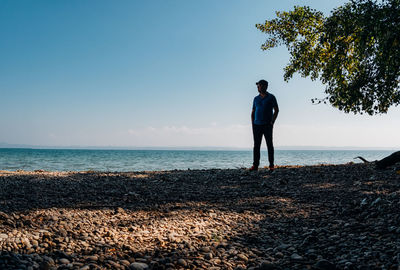 Full length of man standing on beach against sky