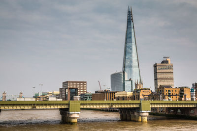 Bridge over river with city in background