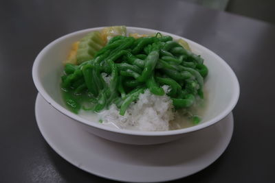 High angle view of salad in bowl on table