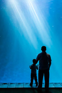 Rear view of father and son standing against aquarium