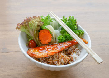 High angle view of food in bowl on table