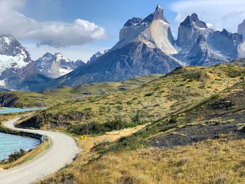 Scenic view of snowcapped mountains against sky of cuernos mountain at torres del paine 