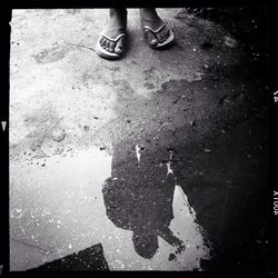 Reflection of people in puddle