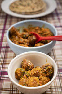 High angle view of food in bowl on table