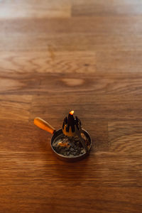 High angle view of cigarette on table