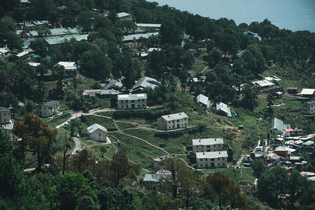 building exterior, architecture, built structure, tree, plant, building, residential district, house, high angle view, day, nature, city, growth, no people, outdoors, environment, green color, town, landscape, village, townscape