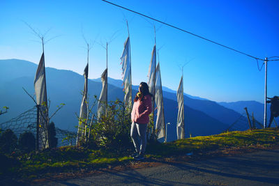 Rear view of man standing by mountain against sky