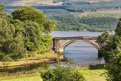 Arch bridge over river against trees